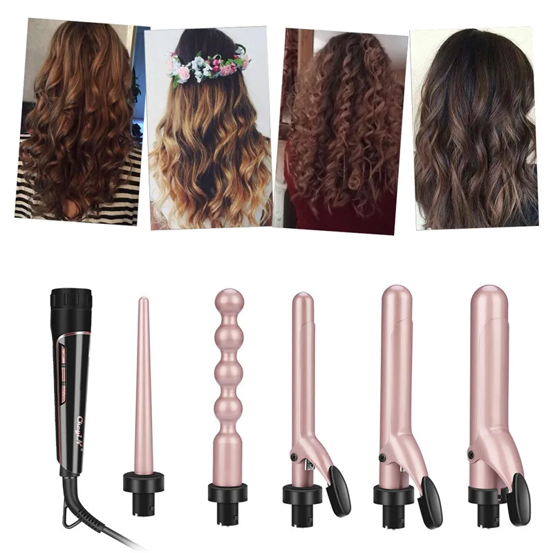 Günstig Professionelle Keramik Curling Eisen Austauschbar Perle Haar Curler Waver LCD Drehbare Curling Wand roller Mit Beständig Handschuh