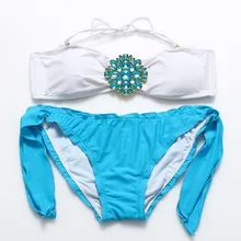 Cheap Bandeau Bikini Set Beach Summer Sexy Swimsuit Front Ruched Lace Up Ruffle Bathingsuit Bottom Swimwear