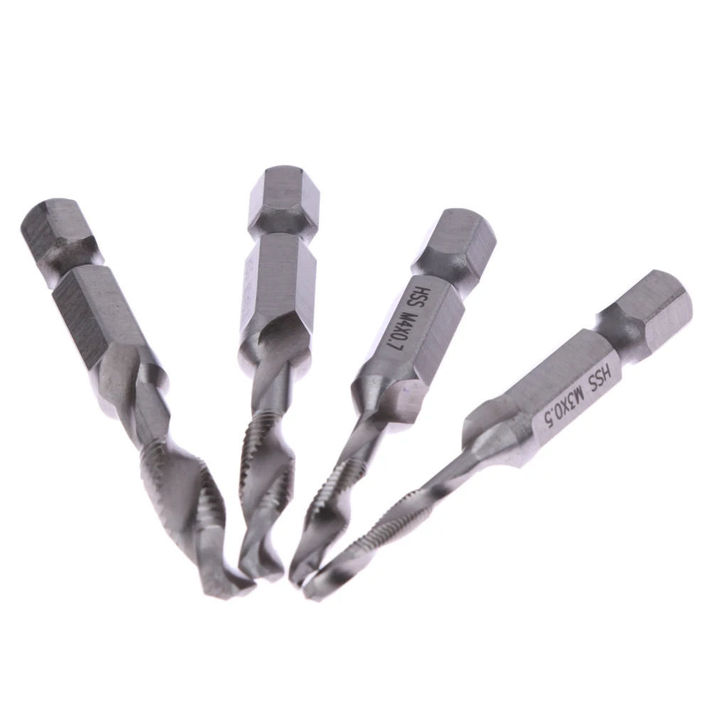 

4pc/set Hand Tap Drill Bit Hex Shank HSS Screw Spiral Point Thread Metric Plug M3x0.5, M4x0.7, M5x0.8, M6x1 #LO