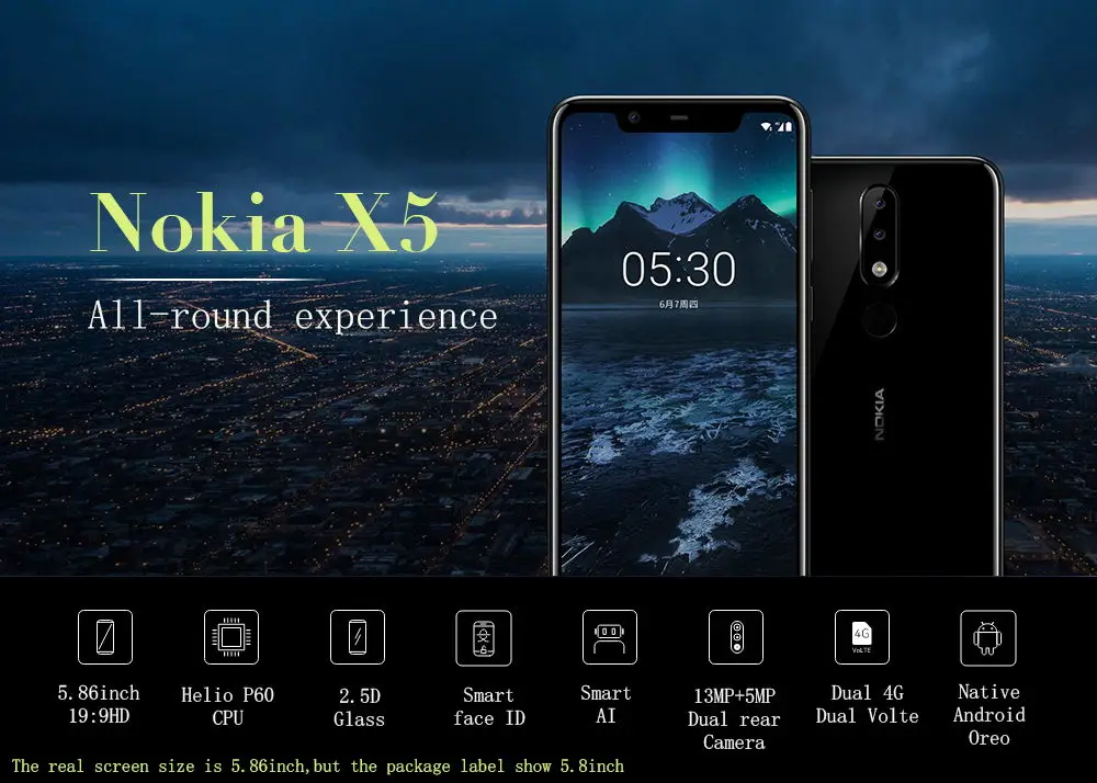 Разблокированный оригинальный Nokia X5 Celular отпечатков пальцев Dual SIM смартфон 5,8 "3 GB/4 GB Оперативная память 32 ГБ/64 ГБ Встроенная память 3060 mAh MTK6771