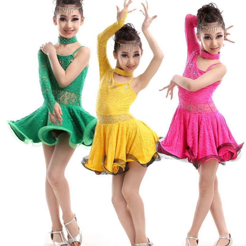 Kids Girls Latin Dance Dress Ballroom Long Sleeves Costume Competition Stage B98 