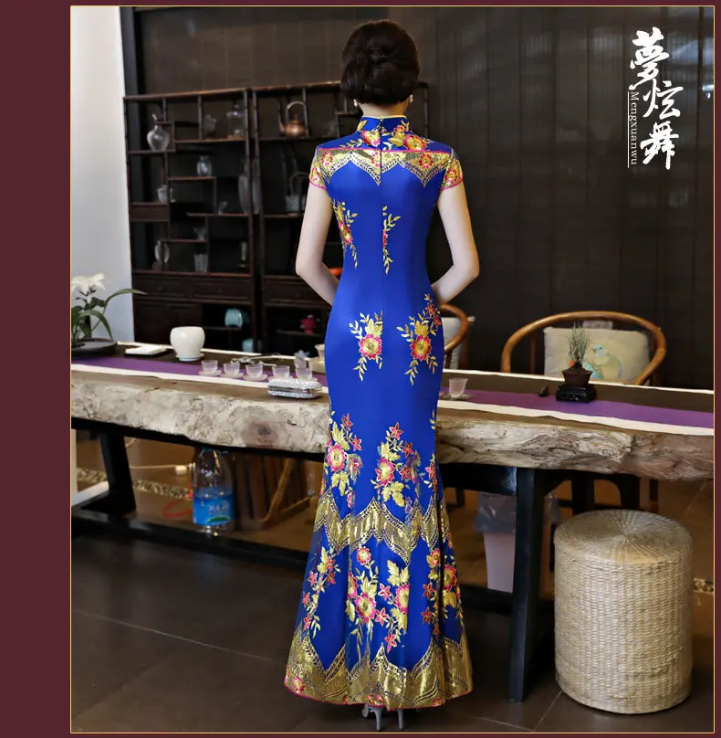 Длинное Ципао черный Cheongsam 2017 платье с вышивкой Винтаж традиционная китайская одежда для женщин кружево рыбий хвост Qi Pao Oriental