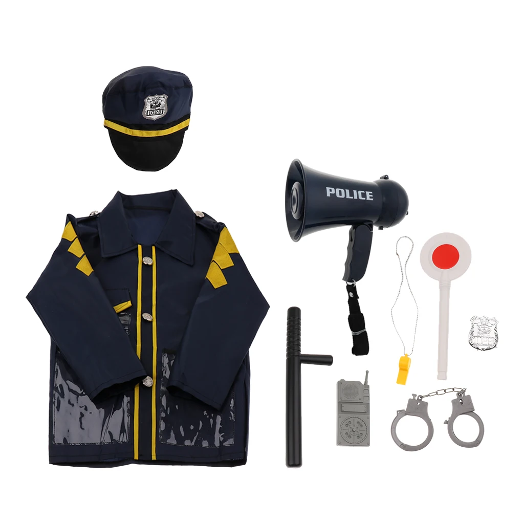 9pcs Toys Police Megaphone w/ Siren Sounds for Policeman Outfit Costume Dress Up Playset - Boy Detective Officer Role Play Game