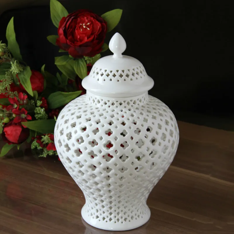 H38cm высокий китайский белый цвет глянцевый фарфор, керамика храм JAR/имбирь JAR ваза для украшения интерьера вазы
