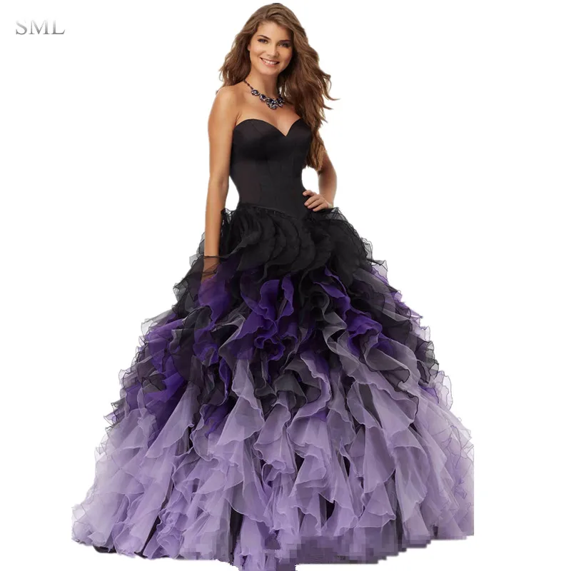 SML 2017 Black Purple Ball Gown Prom Dresses Sweetheart Ruffles Organza