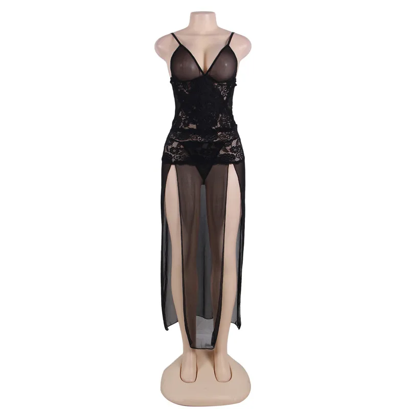 Прозрачное черное кружевное белье размера плюс, женское сексуальное эротическое платье, новейшее платье на бретельках, сексуальное эротическое нижнее белье с вышивкой RW80441