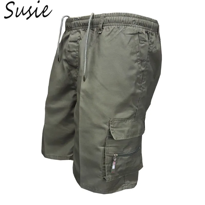 Mens Plus Size Summer Multi Pockets Cargo Shorts Solid Color Drawstring Loose Casual Knee Length Beach Military Sweatpants S-3XL