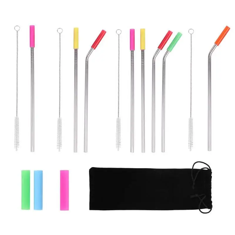 

Stainless Steel Drinking Straw Reusable Silicone Cover Straw Teeth Care Kit Stainless Steel Metal Straw with Cleaner Brush