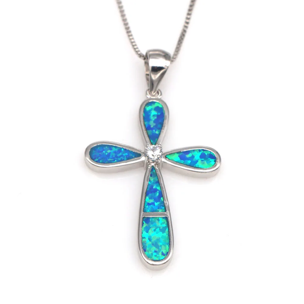 JZP0109New Cross Opal Pendant Necklace Fashion Pop Blue Opal Cross
