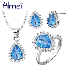Almei ювелирные изделия в нигерийском стиле, Детские комплекты для девочек синее серьги с розовыми кристаллами кольца ожерелья для Для женщин Серебряный Цвет свадебные туфли для невесты Свадебная комплект украшений T530