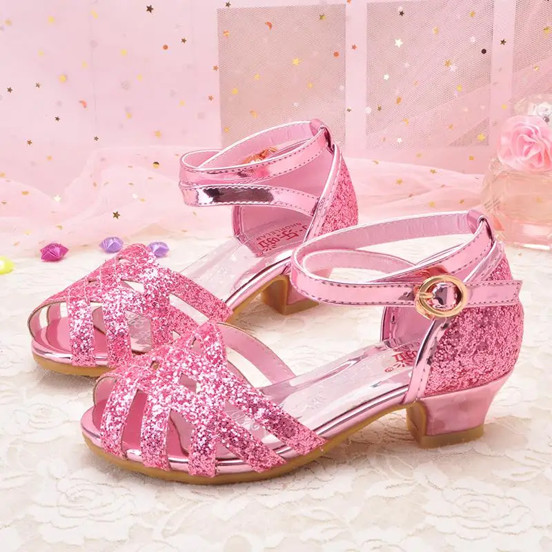 Г. летние сандалии на высоком каблуке для девочек Детская блестящая кожаная Студенческая обувь принцессы Детские вечерние сандалии со стразами для торжеств - Цвет: Pink