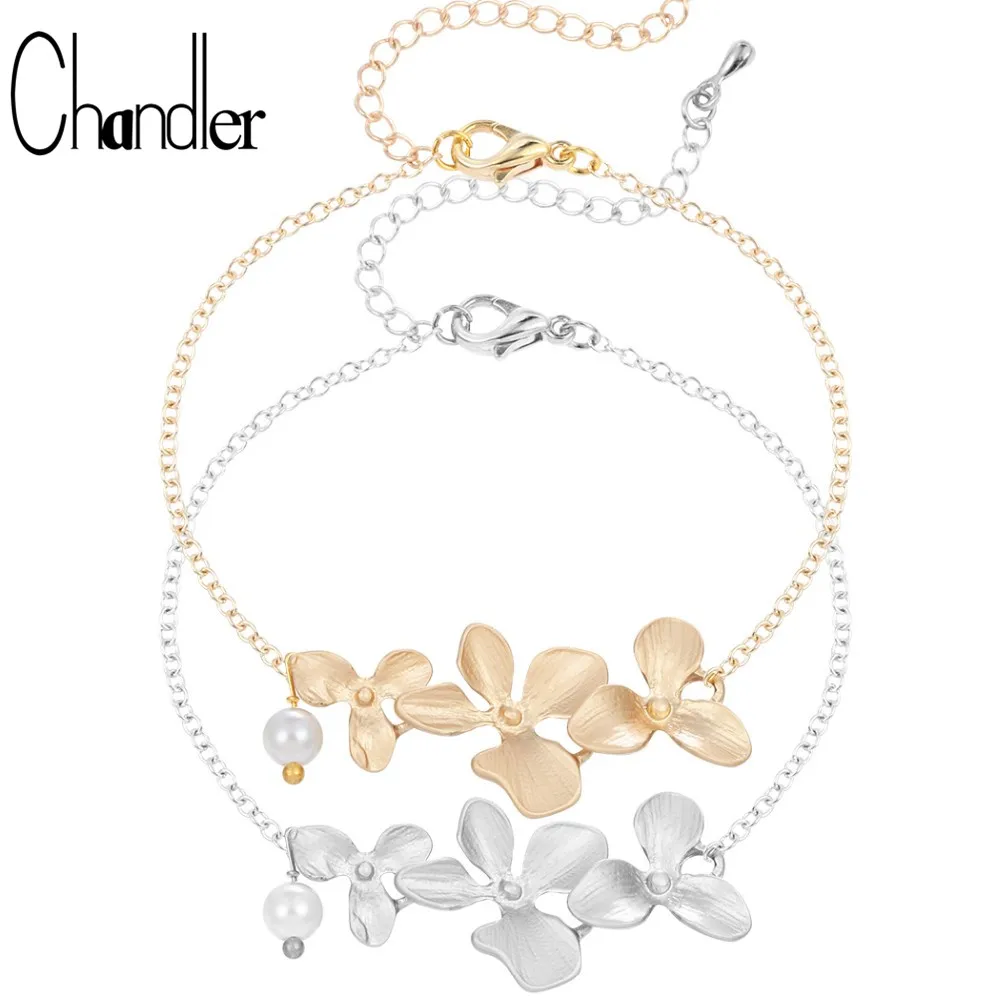 Chandler Hot Korean Orchid Flower Simulated Pearl Bracelet For Women Flora Silver Bangle Link Chain Alloy High Quality Wholesale