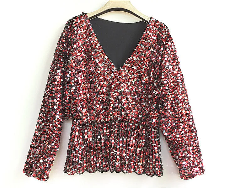 Colors Ruffles Sequined Beading Women Luxury  Fashion V-neck Batwing Sleeve Pullovers Blouse Top 9