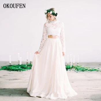 

Two Pieces Wedding Dresses 2019 Chiffon and Lace Seperated vestido de novia Long Sleeves robe mariage Boho Beach Bridal Gowns