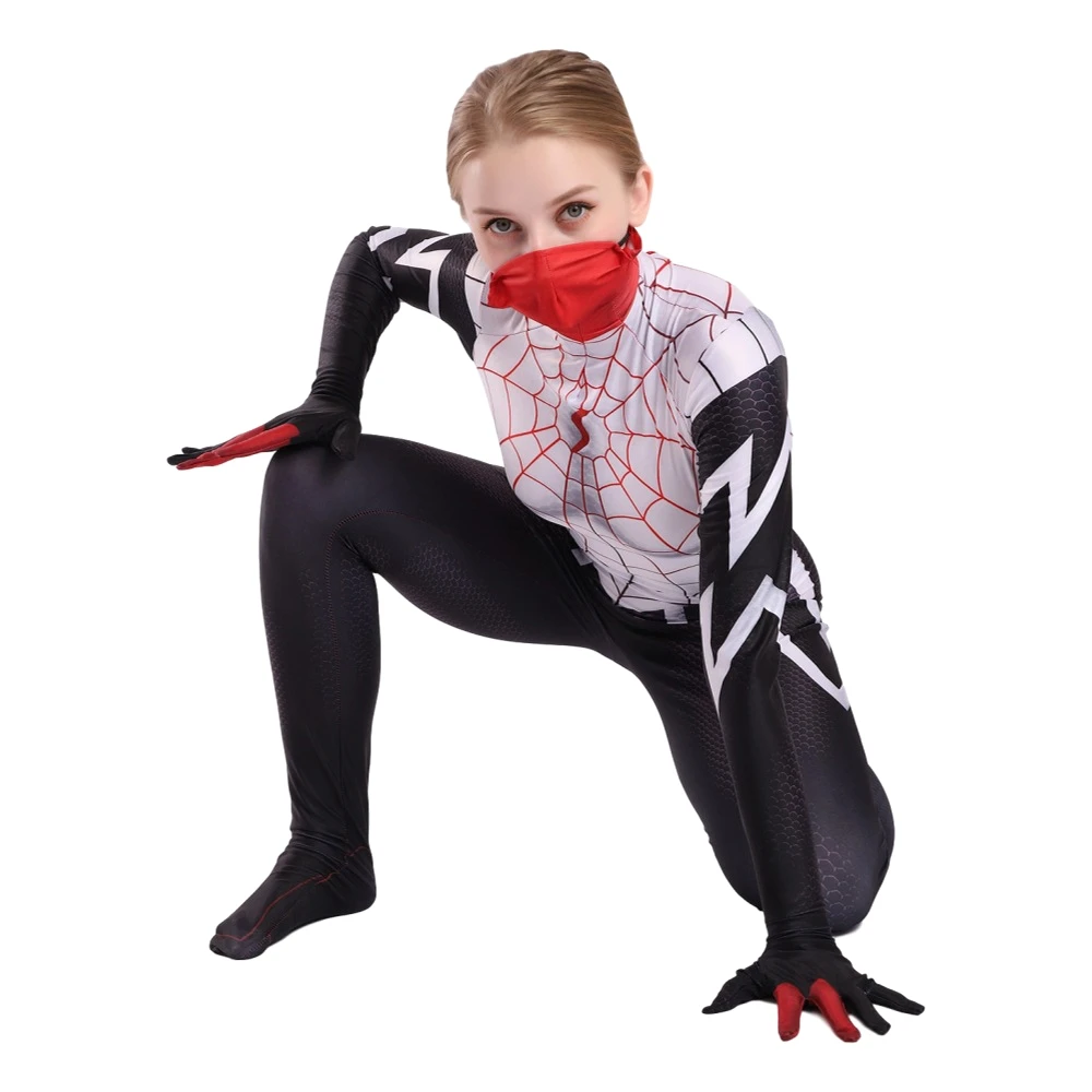 Потрясающий Шелковый костюм паука Синди Мун косплей Женский костюм паука маска для девочек вечерние комбинезоны на Хэллоуин боди