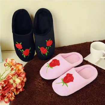 

Women Indoor Slippers 2019 Spring Autumn Flat Shoes Woman Slip On Home Slipper Rose Embroider Shor Plush Female Bedroom Slides