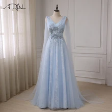 ADLN дешевые платья для романтического выпускного вечера платья с v-образным вырезом Тюль А-силуэт Аппликация из бисера халаты de Soiree на шнуровке сзади