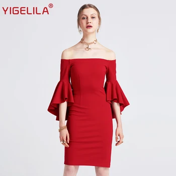 

YIGELILA 2019 Sexy Solid Slash Neck Dress Fashion Women Off Shoulder Flare Sleeve Sheath Knee Length Red Party Dress 62694