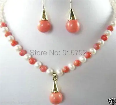

HYFY2014326**JEWELRY 7-8MM PINK CORAL WITH WHITE PEARL EARRING NECKLACE SETS