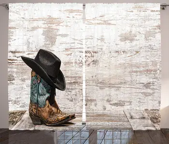 

Western Curtains 2 Panel Set Traditional Rodeo Cowboy Hat Cowgirl Boots a Retro Grunge Background Art Photo Living Room Bedroom