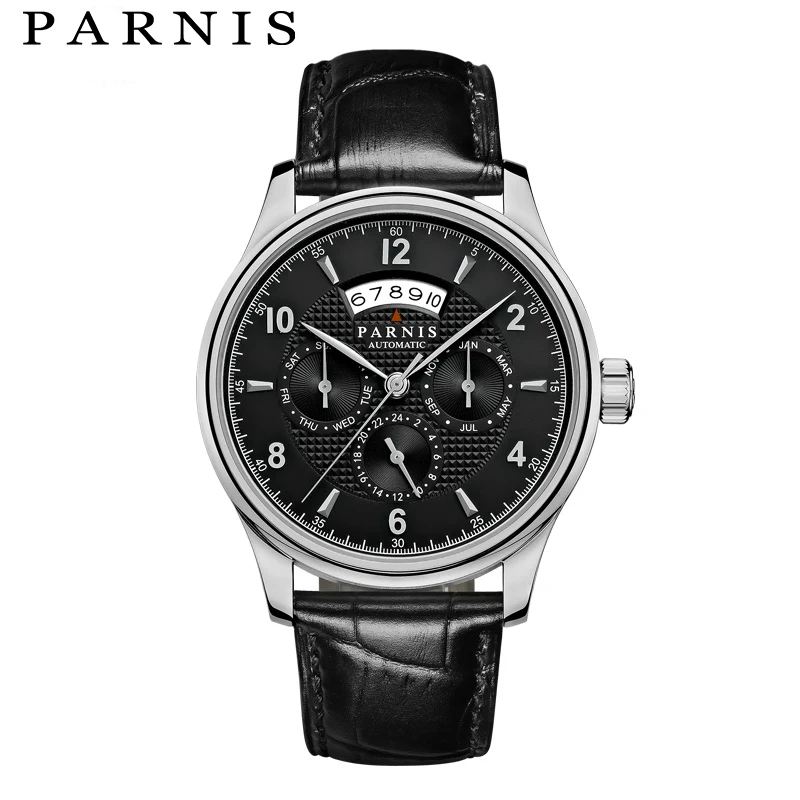 

Parnis Luxury Brands Mens Watches Moon Phase Week Auto Date Leather 50m Waterproof Automatic Watch Sliver Gold Watches for Men