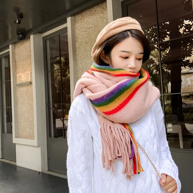 Дизайнерский Радужный кашемировый шарф, женские зимние теплые шали, мягкая Пашмина, полосатая Женская Длинная накидка с кисточками - Цвет: Pink