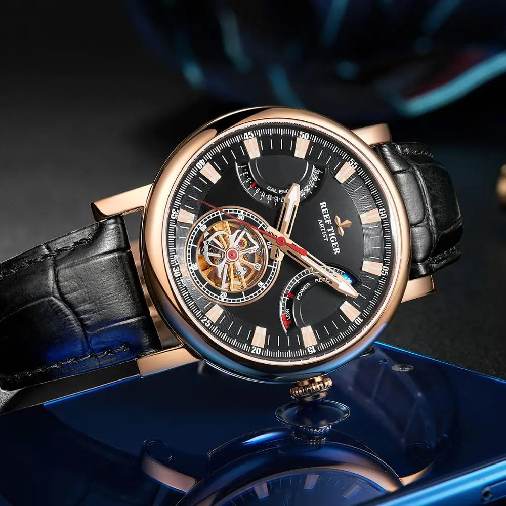  Reef Tiger/RT Automatic Watch for Men Black Dial Leather Strap Watch with Date Day RGA1950