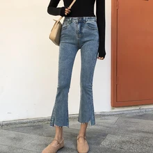 Высокая талия расклешенные джинсы женские Джинсовая ткань брюки винтажная женская одежда Apring прочные штаны мотоциклиста девять очков джинсы плюс размер 5XL LDL08