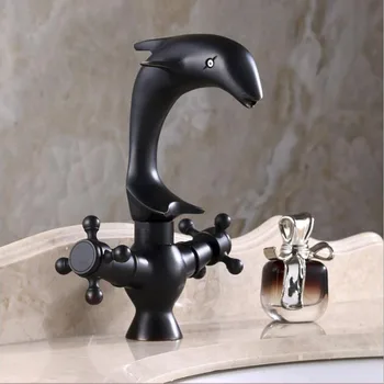 

Free Shipping Dolphin basin faucet black bronze faucet hot and cold European retro faucet double handle single hole tap
