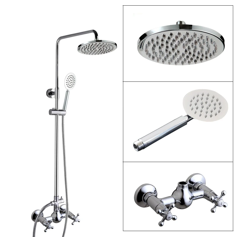 

Polished Chrome Brass Bathroom Wall Mounted Round Rain Shower Faucet Set with Hand Spray Two Cross Handles Mixer Tap acy307
