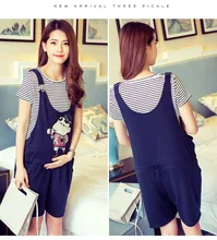 Summer Maternity Clothes Cartoon Embroidery Suspender Trousers For Pregnant Women Cotton Belly Shorts +Stripped Top Overall Set
