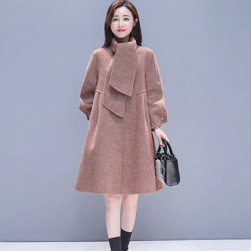 2018 осень-зима Новый Для женщин в Корейском стиле модное шерстяное пальто одноцветное Цвет Свободные Большой Размеры плащ женский