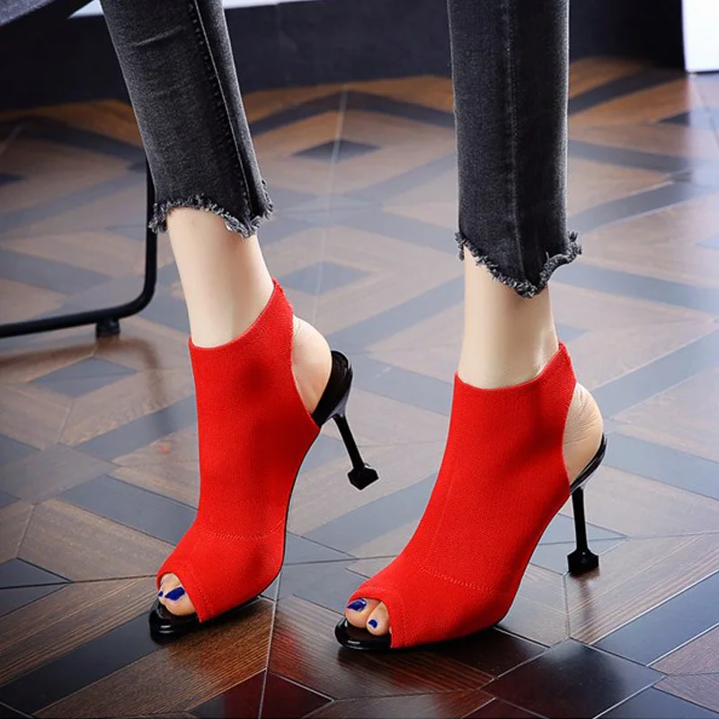 Online Las señoras tejen los talones altos 8cm Sandalias de tacón para mujer zapatos de fiesta de boda de verano nuevas sandalias de gladiador bonitos tacones altos chicas L04