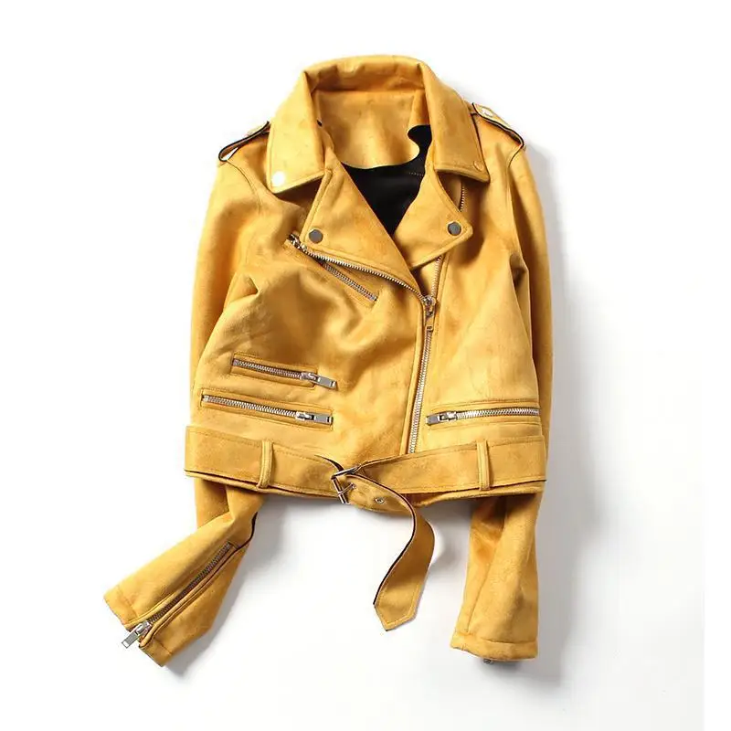 Fitaylor женская новая куртка из искусственной замши байкерское пальто Базовая уличная верхняя одежда короткая мотоциклетная кожаная куртка - Цвет: Yellow