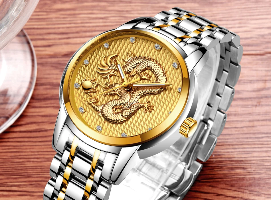 Для мужчин часы Лидирующий бренд LIGE роскошные золотые скульптура дракона кварцевые часы для мужчин полный сталь