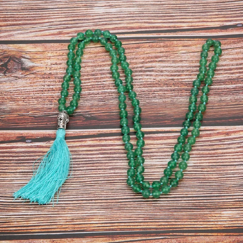 

New Design Natural Green Onyx Beads Blue Tassel Strand Necklaces Hand Knotted 108 Mala Yoga Meditation Jewelry for Fashion Women