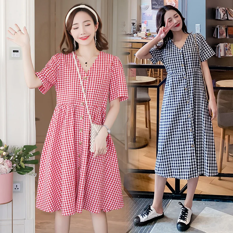 

013# Plaid Cotton Linen Maternity Dress Summer Fashion V Neck A Line Loose Clothes for Pregnant Women Vintage Pregnancy Clothing