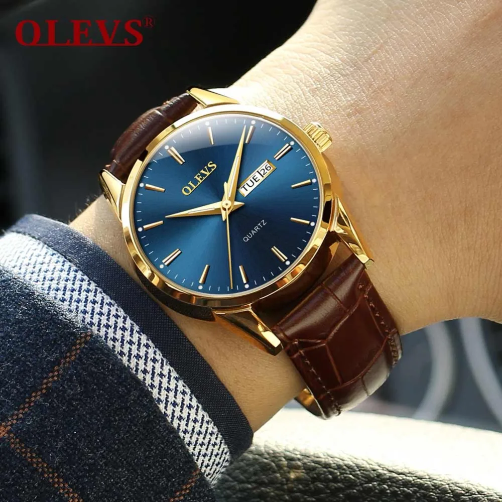 Для мужчин s часы лучший бренд класса люкс OLEVS модные часы для мужчин кожа кварцевые часы для мужчин Авто Дата Розовое золото в виде
