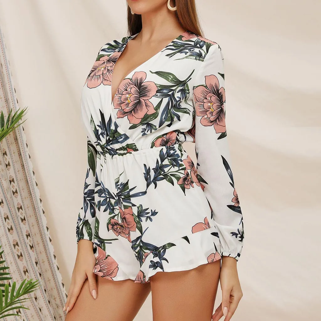 

Women Jumpsuit Printing Long Sleeve Mini Rompers Jumpsuit Summer Playsuit Strapless Loose Party beach Jumpsuit Ladies Overalls