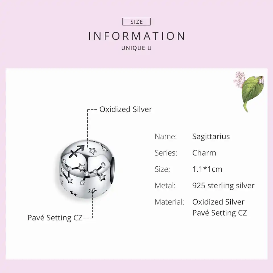 BAMOER Zodiac Star Sign 925 Sterling Silver Charm Beads Fit for 3MM Bracelets 12 Constellations Cubic Zirconia Charm