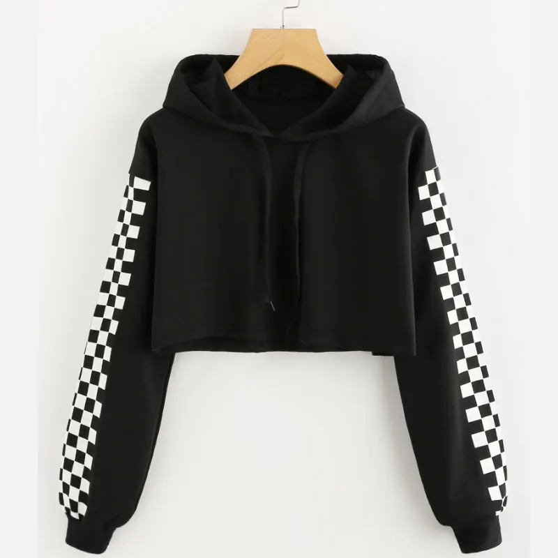 Women Hoodies Sweatshirt with Hood Drawstring Crop Hoodie Tops Tee 2018 Fall Women's Black Pullover Tracksuits Plaid Sweatshirts