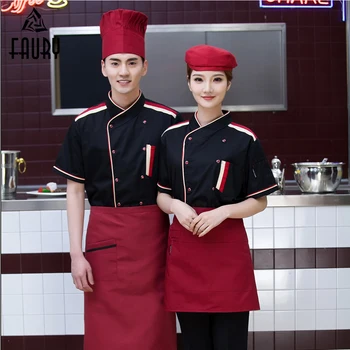 

Stitching Color Oblique Collar Summer Chef Jacket Short Sleeve Pockets Restaurant Kitchen Bake Coffee Bar Cook Workwear Uniform