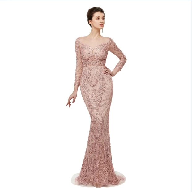 Robe De Soiree длинное вечернее платье телесного и розового цвета с длинными рукавами
