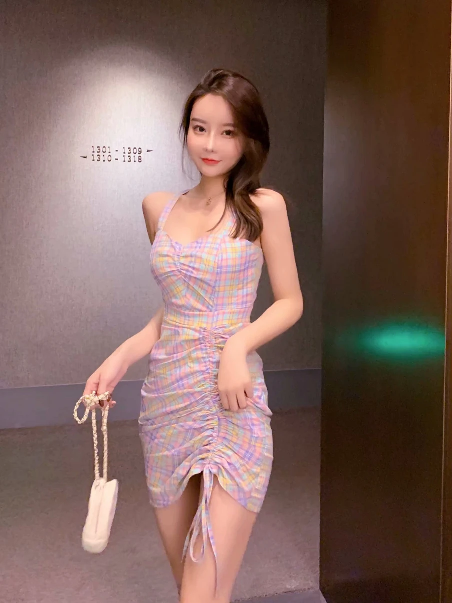 

New 2019 Chequered Hanging Women's French High-waist Dress