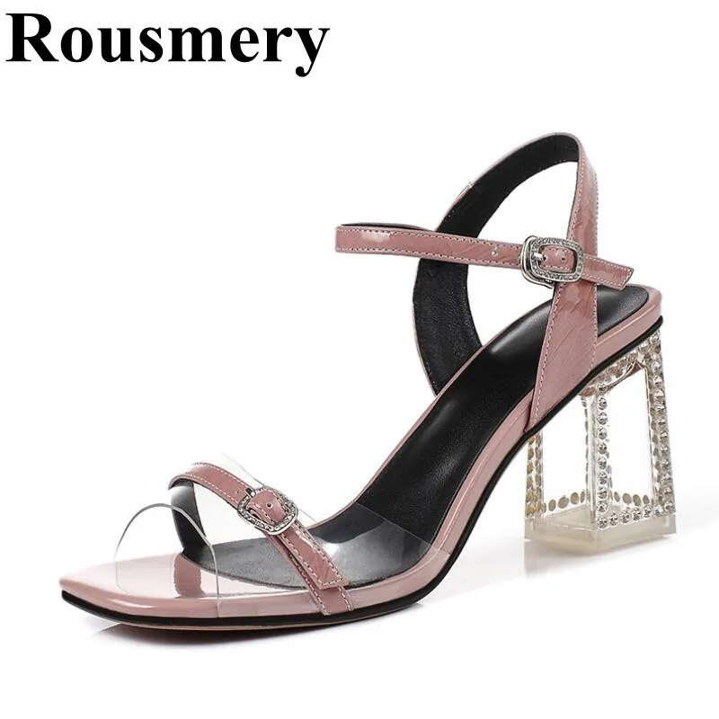 

2019 Newest Sample Fashion PVC Transparent Heel Crystal Decoration Buckle Square High Heel And Open Summer Women Sandals