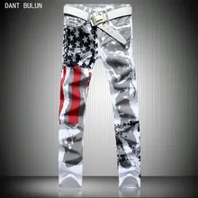 New luxury brand fashion stretch mens jeans white The national flag printing jeans men casual slim fit trousers denim pants