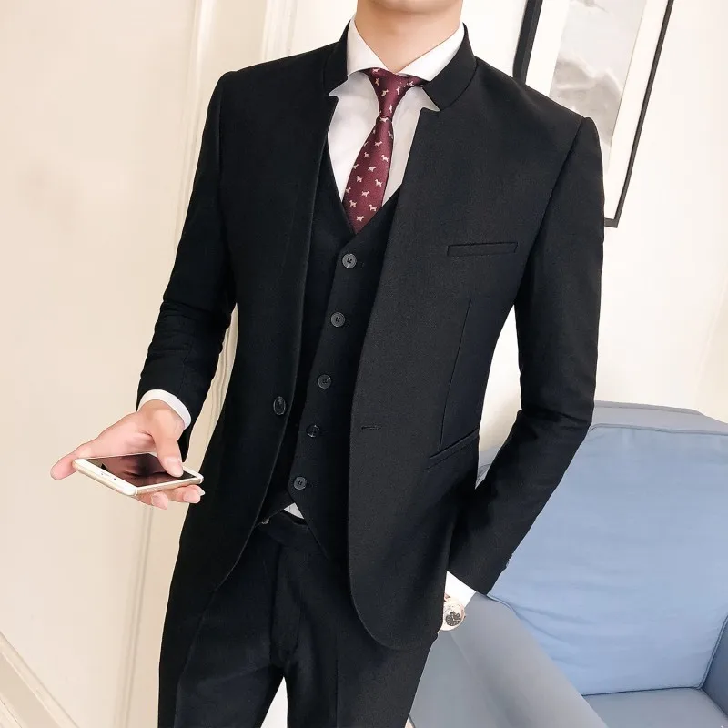 

Mandarin Collar Suit Men Slim Fit Solid Blackstand Colllar Design Smoking Homme Mariage Men Suit Business Tuxedos Groom Men Suit
