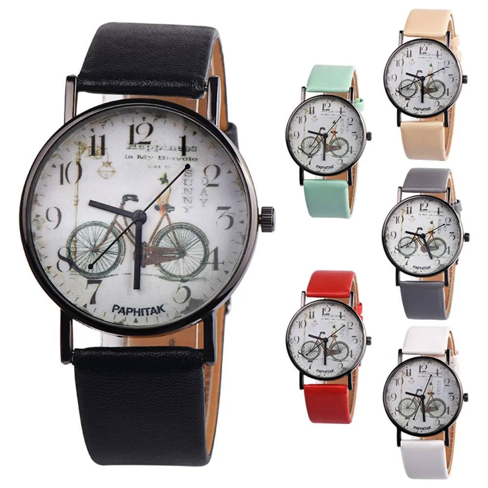 

Fashion Casual Women Men Watches Bicycle Pattern Cute Leather Band Quartz Wrist Watch Relogio Feminino Clock reloj Femme Gift