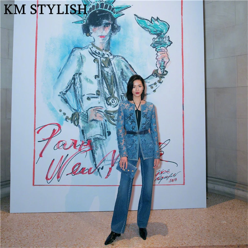 2019 Early Spring Lady New Blue Long Sleeve Openwork Lace Cardigan Trench Temperament Women Medium Long Sleeve Trench With Belt 2019 Early Spring Lady New Blue Long Sleeve Openwork Lace Cardigan Trench Temperament Women Medium Long Sleeve Trench With Belt