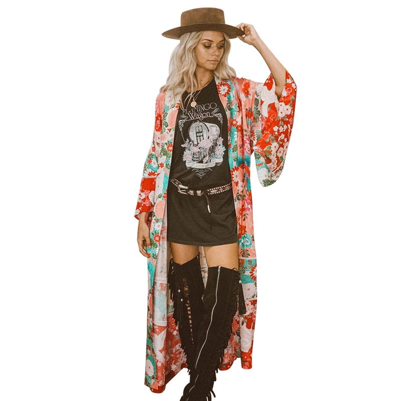 2019 New Women Chiffon Kimono Cardigan Floral Print Long